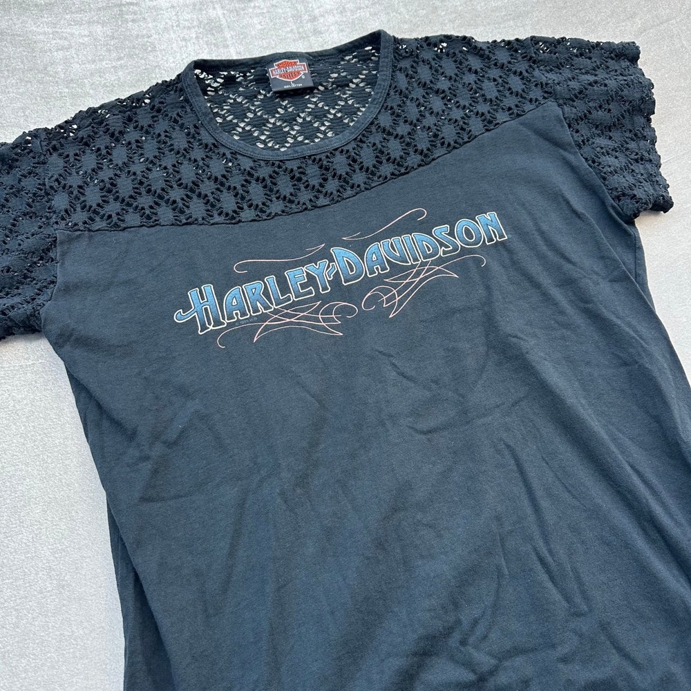 Harley-Davidson Women's Lace Yoke Flutter Sleeve T-Shirt Black Size Large